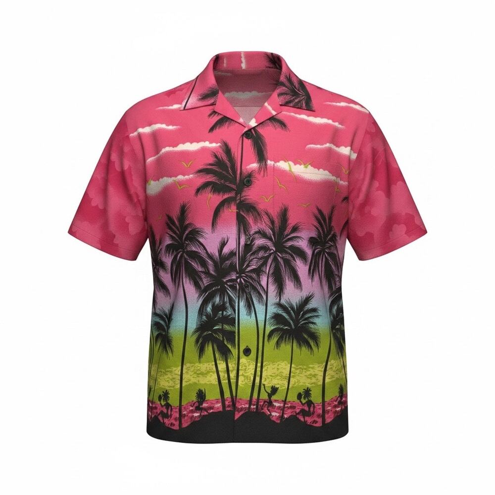 V.H.O. Men’s Hawaiian Shirt 2XL Pink Tropical Palm Tree Aloha Button Up
